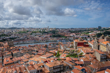 Aerial view from tower of Clerigos Church in Porto city, Portugal with - obrazy, fototapety, plakaty