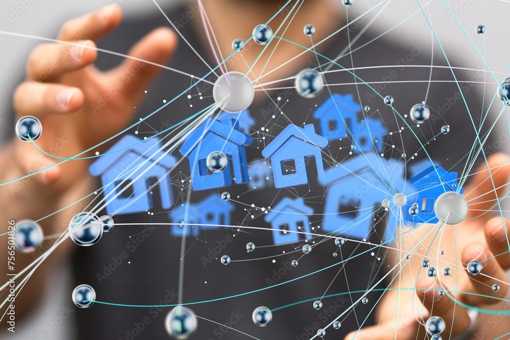 Aufkleber home data. Digital cyberspace with particles and Digital data network connections concept.