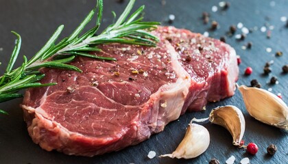 beef steak with rosemary and spices on black background - obrazy, fototapety, plakaty