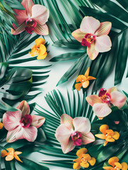 Natural creative layout made of tropical leaves and orchid flowers. Spring and summer banner.