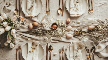 Elegant Easter Table Setting in Neutral Tones from Above.