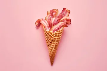 Foto auf Alu-Dibond Creative ice cream cone full of crispy bacon slices on pink background. Flat lay with copy space for the text. Minimal food concept. © Femmes.Digital