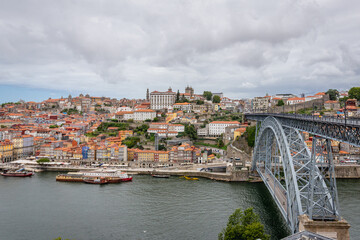 Aerial view od Porto with Dom Luis I Bridge over Douro River between cities of Porto and Vila Nova de Gaia, Portugal