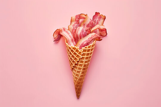 Creative ice cream cone full of crispy bacon slices on pink background. Flat lay with copy space for the text. Minimal food concept.