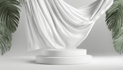 3d display podium white background with pedestal and flying silk cloth curtain nature wind beauty cosmetic product presentation stand luxury feminine template 3d render advertisement