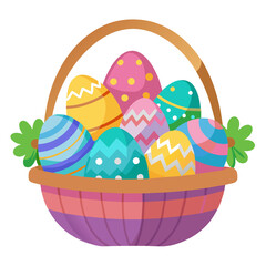 Easter eggs in front of a cloth basket with a super cute cartoon