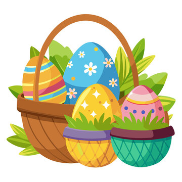 Easter eggs in front of a cloth basket with a super cute cartoon