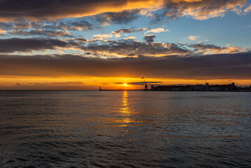Aegean Sea port seen from waterfront in Thessaloniki city, Greece