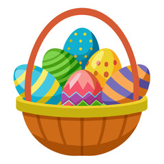 Easter eggs in front of a cloth basket with a super cute cartoon