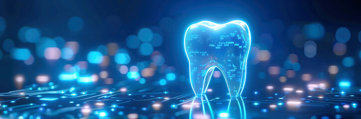 Single unhealthy tooth on the blue background. Dental health care concept. - obrazy, fototapety, plakaty