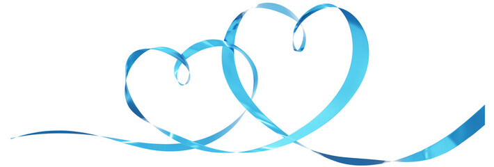 Blue ribbons 2 hearts isolated on background. Continuous ribbon line art drawing. Element for Valentine's day, mother's day wedding and print. 3D png illustration.