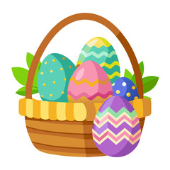 Easter eggs in front of a cloth basket with a super cute cartoon