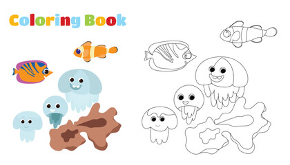 Obraz premium Coloring page. Underwater corals and tropical fish and funny jellyfish in cartoon style.