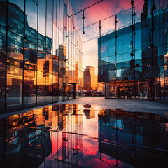 Abstract reflections in a glass building during sunset - obrazy, fototapety, plakaty