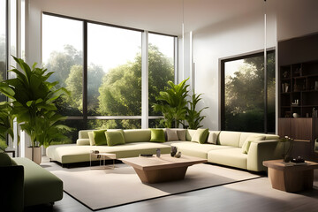 Interior of modern living room with green sofa - obrazy, fototapety, plakaty