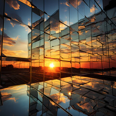 Abstract reflections in a glass building during sunset