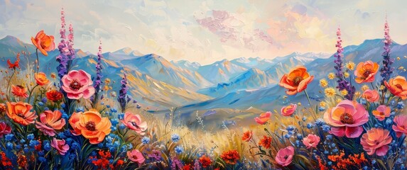 A beautiful painting of vibrant flowers in the foreground with mountains and sky in the background. The colors are bright.