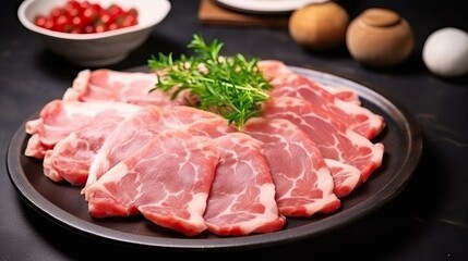 Raw kurobuta pork slices on plates, for Yakiniku ,Shabu ,Teppanyaki , japanese food.




