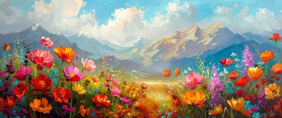 Fototapeta na wymiar A beautiful painting of vibrant flowers in the foreground with mountains and sky in the background. 