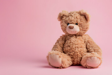 Obraz premium fluffy teddy bear, isolated on a soft pink background, symbolizing comfort and childhood memories