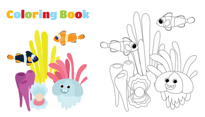 Coloring page. Underwater corals and tropical fish and funny jellyfish, algae in cartoon style.