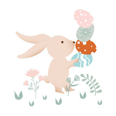 Easter bunny and pyramid of eggs. Illustration in retro style. Hand drawn