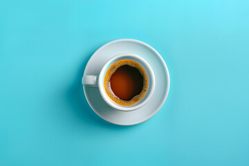 freshly brewed espresso in a classic cup, isolated on a vibrant blue background, symbolizing energy and mornings  - obrazy, fototapety, plakaty
