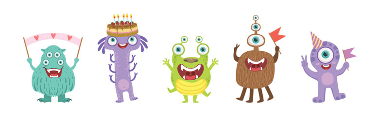 Toy Monster With Birthday Party Object Vector Set