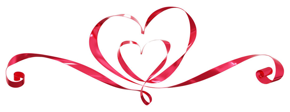 Red ribbons heart isolated on background. Continuous ribbon line art drawing. Element for Valentine's day, mother's day wedding and print. 3D png illustration.