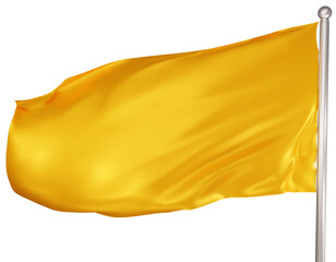 Blank yellow flag on white background. A yellow flag waving in the wind on the flagpole. Yellow flag template. 3d png illustration.