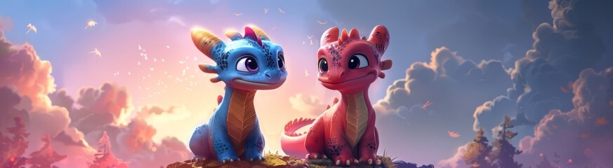 3 cute dragons of different colors