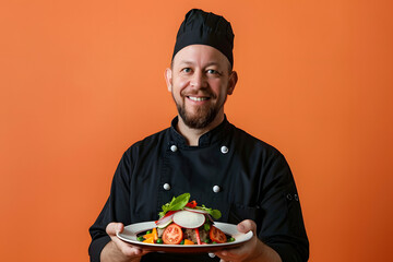 Portrait of a chef with a signature dish, culinary excellence, orange background, highlighting the art of cooking and presentation 