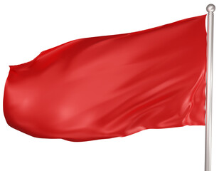 Blank red flag on white background. A red flag waving in the wind on the flagpole. Red flag template. 3d png illustration.