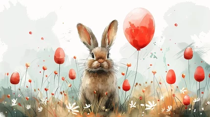Fotobehang watercolor illustration with a brown rabbit and red balloons in a clearing with red flower buds. © Milena Wi