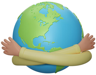 Happy Earth Day. Hands hug planet Earth. Concept of World Environment Day, Save the Earth, Protect environmental and eco-green life. 3D png cartoon illustration.