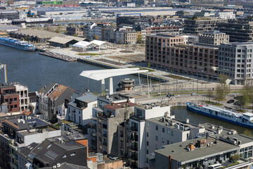 Antwerp, Belgium. 15 April 2023. Aerial view Cityscape with white bridge of Antwerp.