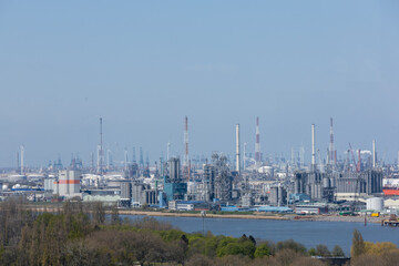 Antwerp, Belgium. 15 April 2023. Cityscape Aerial view of the harbor downtown of Antwerp from the roof terrace of the Museum aan de Stroom MAS