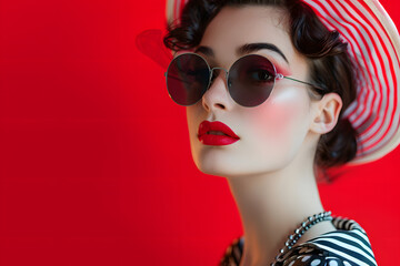 Fototapeta premium Retro fashion model with vintage accessories, nostalgia red background, evoking timeless elegance and classic beauty