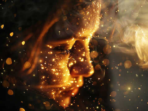 close-up of the sad face of a girl with closed eyes, illuminated by sparks from the fire in warm, dark colors, desktop background in a romantic style