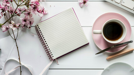 Minimalistic Workspace Design: Focus Notebook, White Background, and Delicate Floral Arrangement
