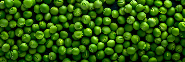 Pile of perfect green peas with a dark background. Close-up of vibrant green pea beans, pea banner. Green peas texture, healthy food concept