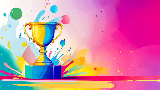 Colorful abstract background with a golden trophy amid splashes of paint