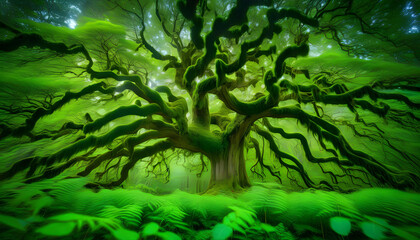 background of green moss with old tree 