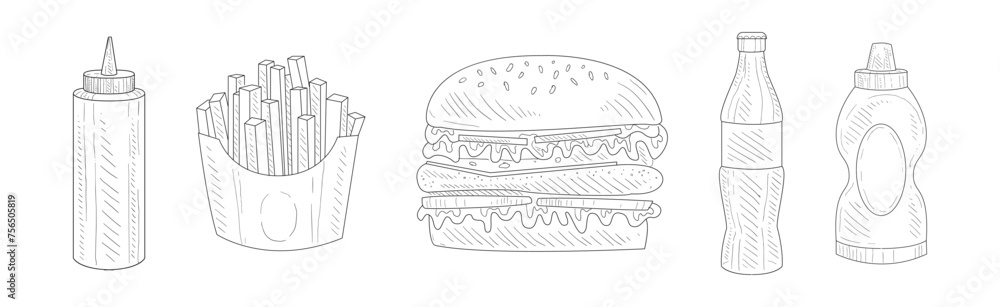 Poster fast food linear product and snack vector set