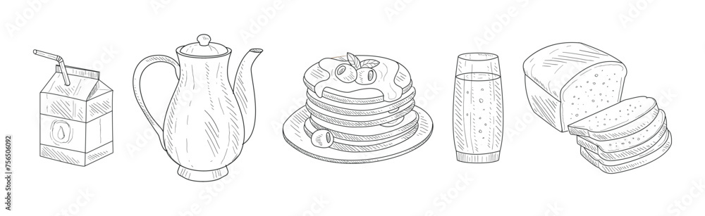 Poster breakfast food product and item linear vector set