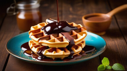  Viennese waffles with chocolate sauce on a plate. Breakfast concept - obrazy, fototapety, plakaty