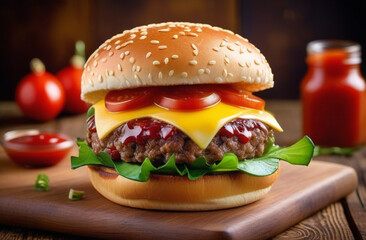 Tasty beef burger with tomato, lettuce, cheese and sauce. Fast food