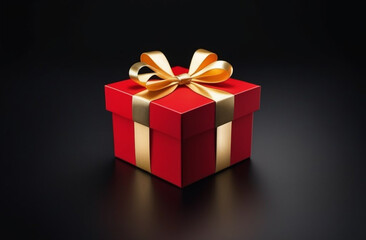 Red gift box with gold ribbon on a black