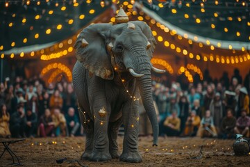 An elephant with festive attire performing in front of an enchanted circus crowd