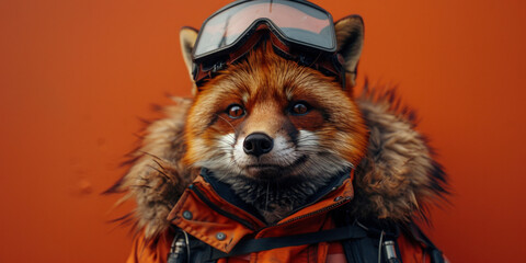 Fototapeta premium Funny Fox in Orange Jacket and Goggles on Vibrant Orange Background Standing Out